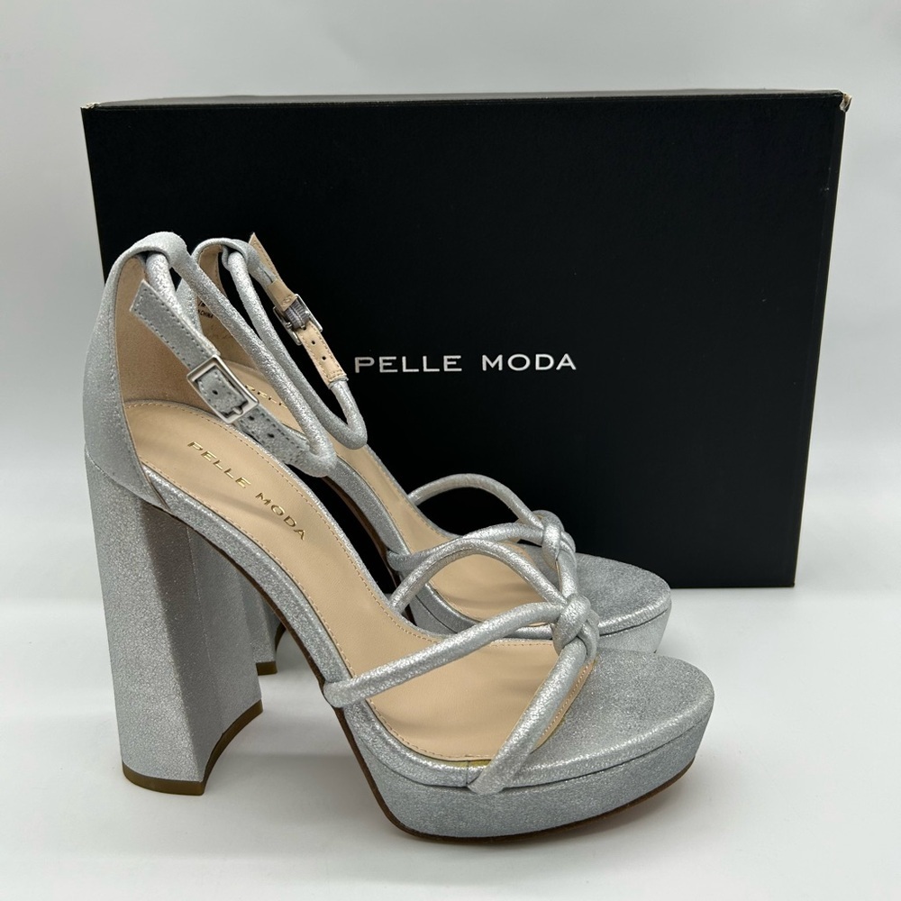 Pelle Moda Metallic Silver Platform Block Heel Suede Women’s Sandals Size 8.5 - Picture 14 of 14